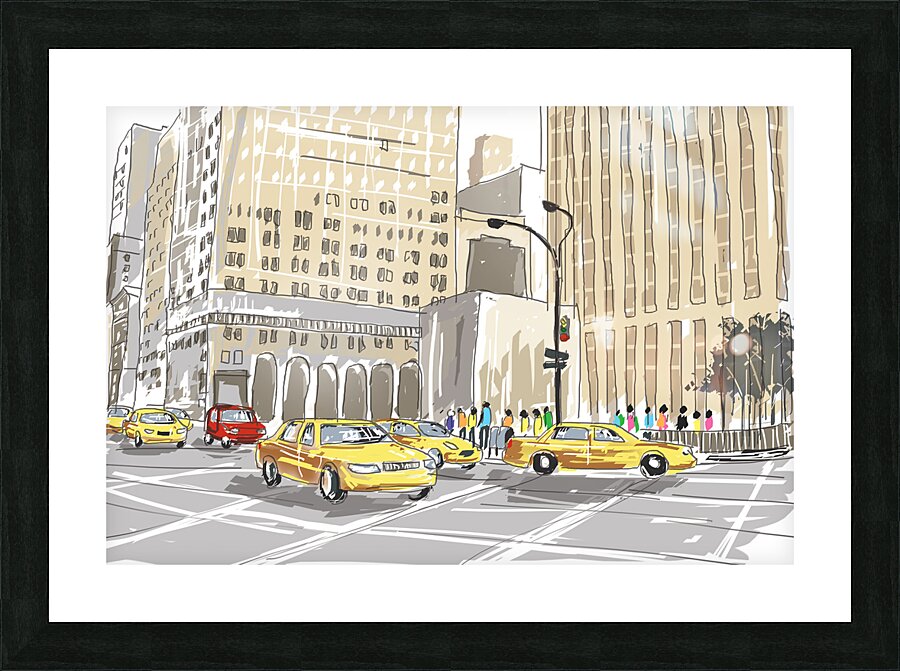 Hand drawn sketch of a busy New York City street Picture Frame print