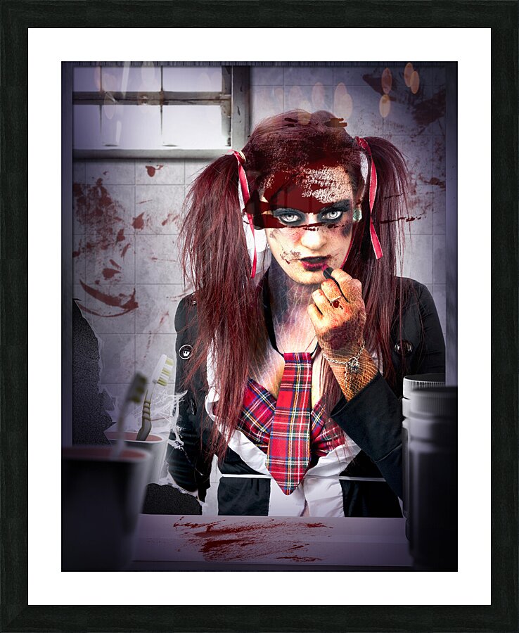 Killer school girl in a murder cover up Picture Frame print