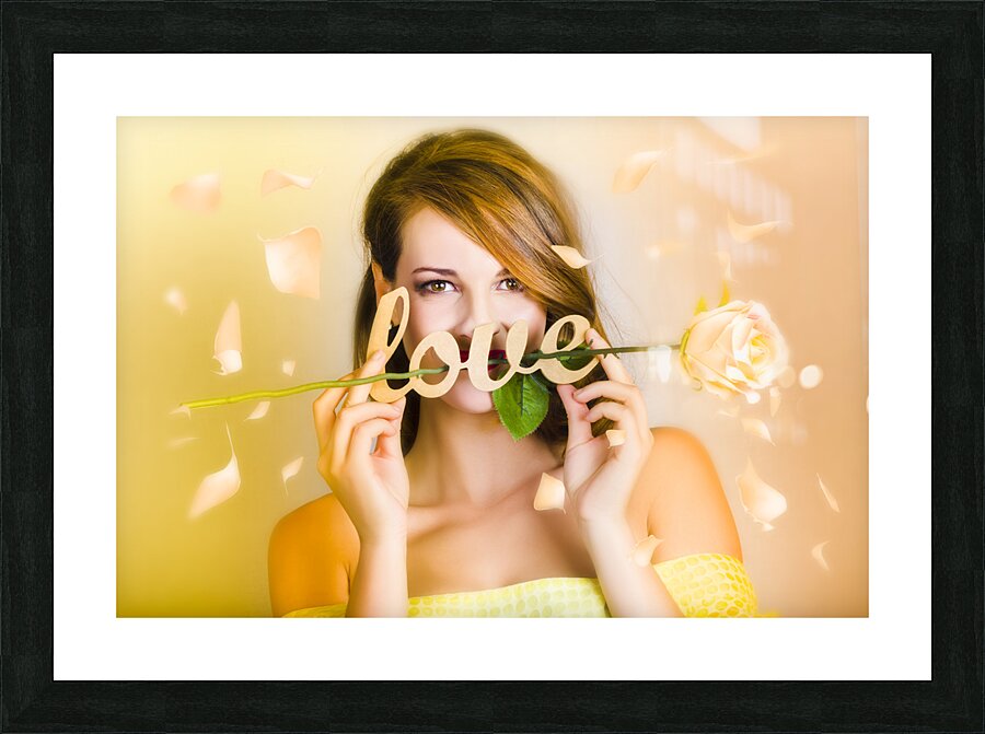 Young beautiful woman expressing feelings of love Picture Frame print