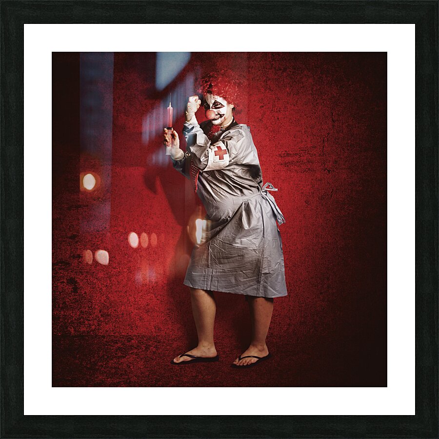 Scary clown doctor about to give jab with syringe Picture Frame print