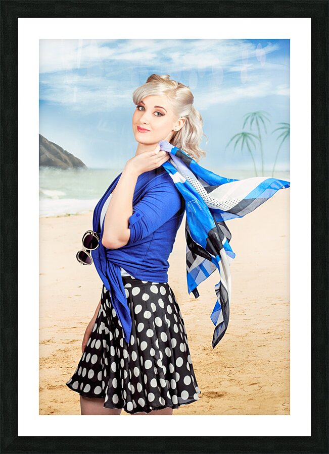 Young retro woman on a tropical beach vacation Picture Frame print