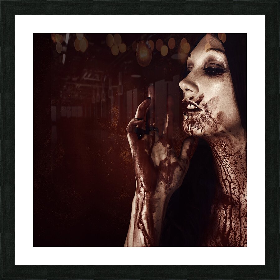 Vampire woman touching tasting and smelling blood Picture Frame print