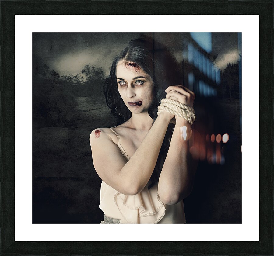 Dark horror scene of an evil zombie woman tied up Picture Frame print