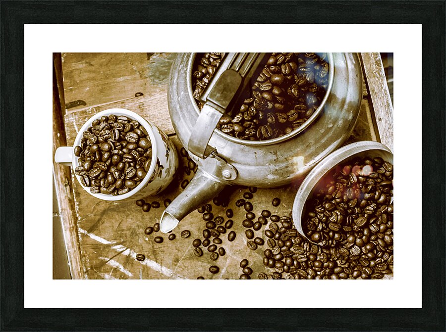 Roasted coffee beans in kettle and cup Picture Frame print
