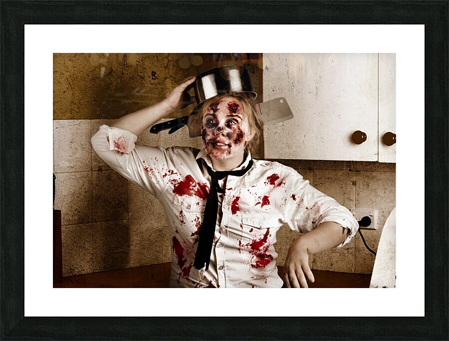 Funny zombie cook dancing in horror kitchen Picture Frame print