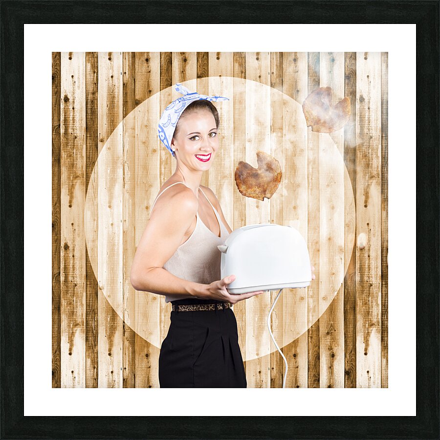 Female breakfast waiter with hot toast in toaster Picture Frame print
