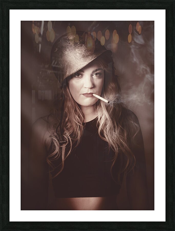 Beautiful blond army pinup girl smoking cigarette Picture Frame print