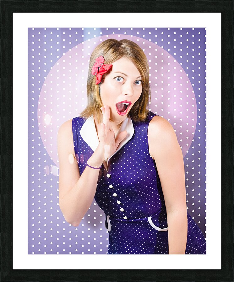Surprised pin-up woman in purple polka dot dress Picture Frame print