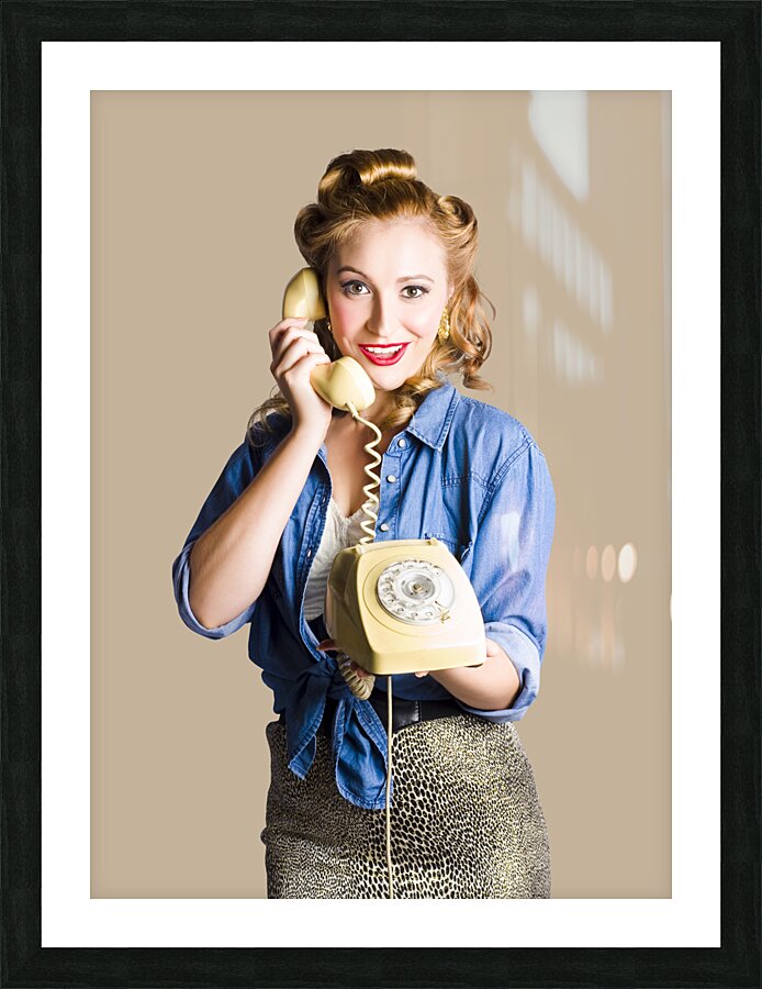 Woman with retro telephone Picture Frame print