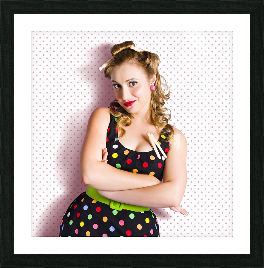 Pretty Retro Cleaning Lady On Polka Dot Background Picture Frame print