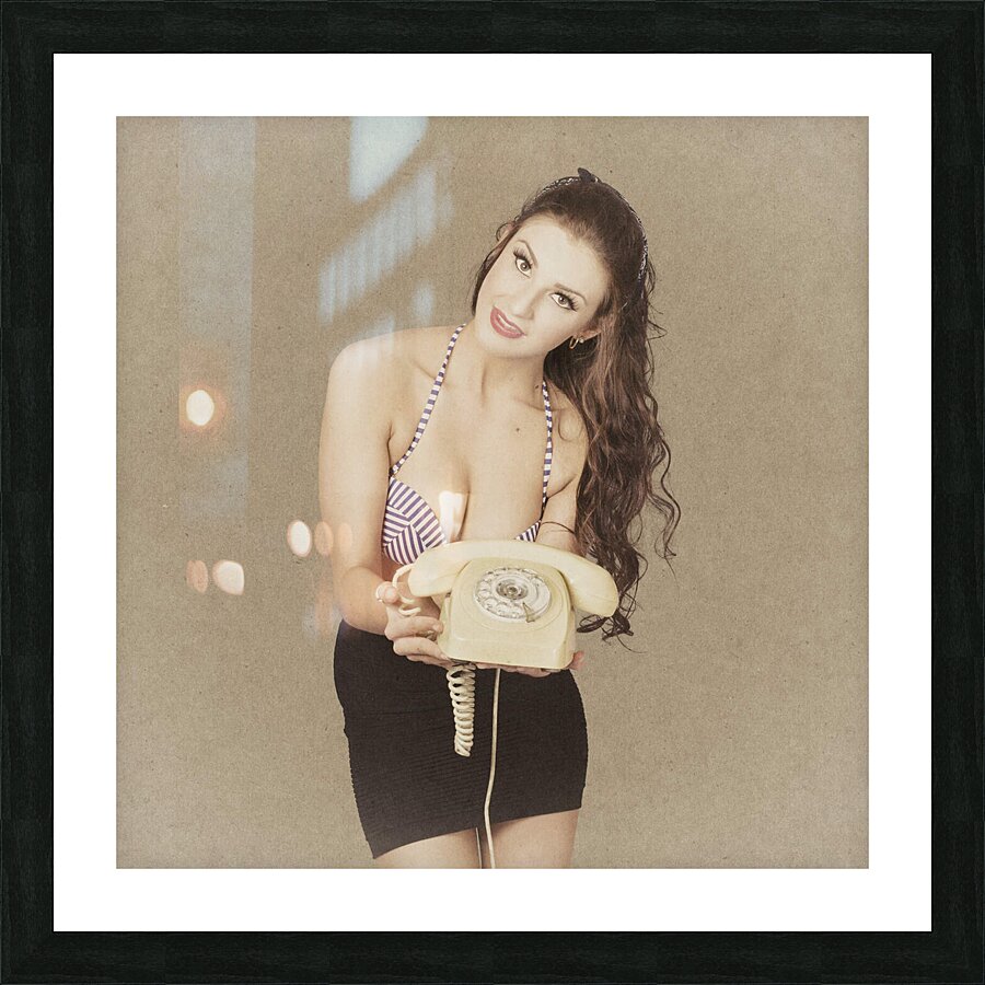 Vintage young pin up woman with phone. Contact us Picture Frame print