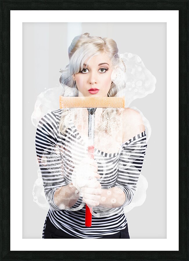Young woman washing empty copy space windows Picture Frame print