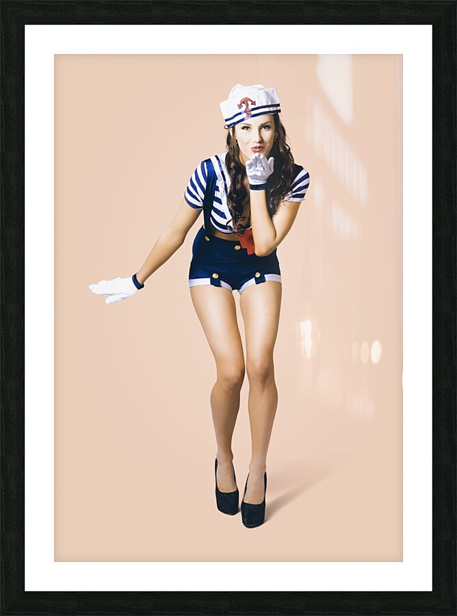 Retro pinup girl blowing travelling departure kiss Picture Frame print