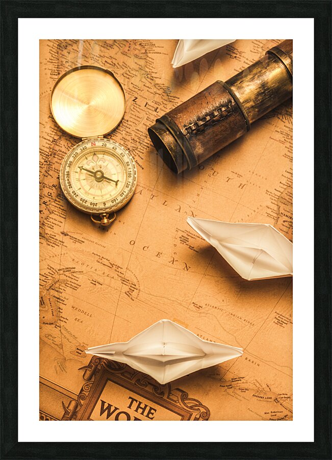 Origami paper boats on a voyage of exploration Picture Frame print