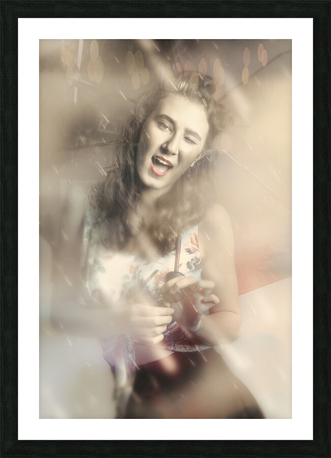 Pin-up woman dancing in a shower of rain Picture Frame print