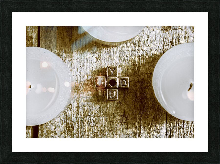 God is you metal lettering typography near white candles faith  Picture Frame print