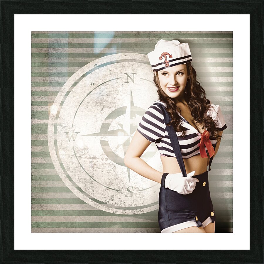 Young sailor pin up girl on travel cruise compass Picture Frame print