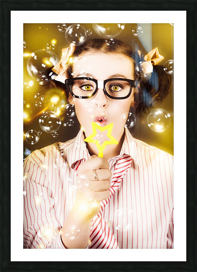 Female Nerd Blowing Bubbles Of Business Success Picture Frame print