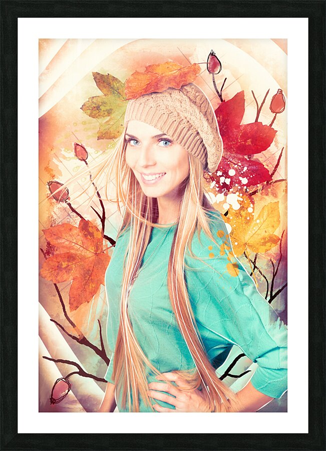 Pretty blond girl in autumn fashion illustration Picture Frame print