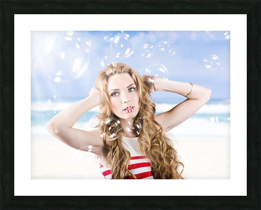 Beautiful girl wearing summer make-up on beach Picture Frame print