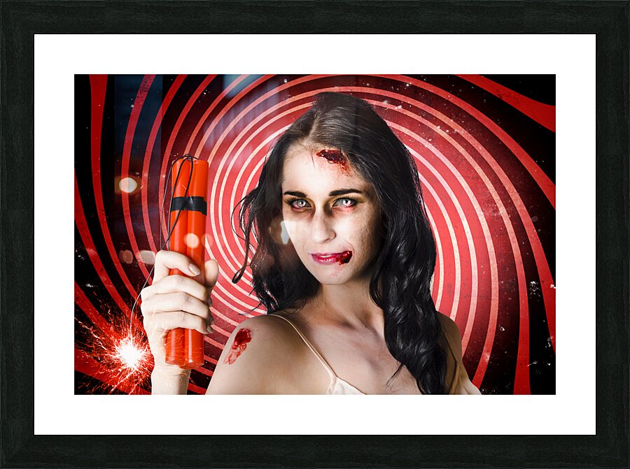 Danger. Zombie holding explosives in a terror act Picture Frame print