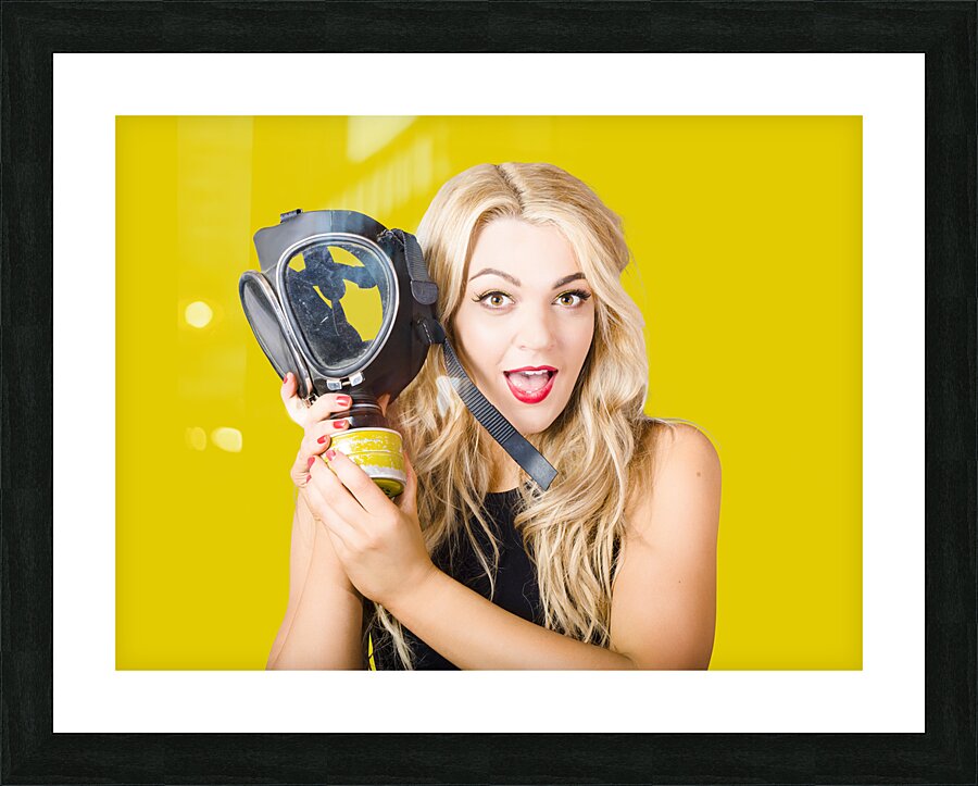 Woman in fear holding gas mask on white background Picture Frame print