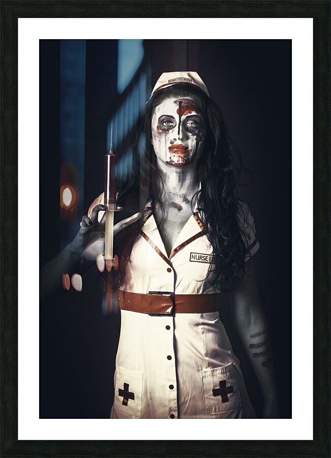 Zombie nurse holding bloody euthanasia syringe Picture Frame print