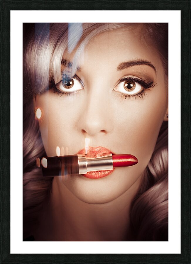 Surprised pinup girl with lipstick makeup in mouth Picture Frame print