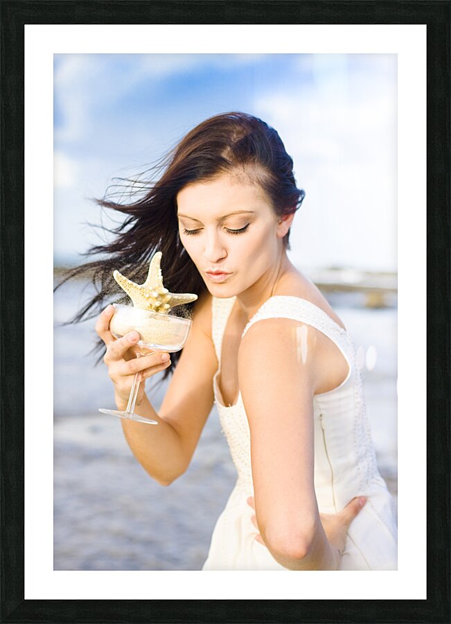 Woman Holding Star Fish Cocktail Picture Frame print
