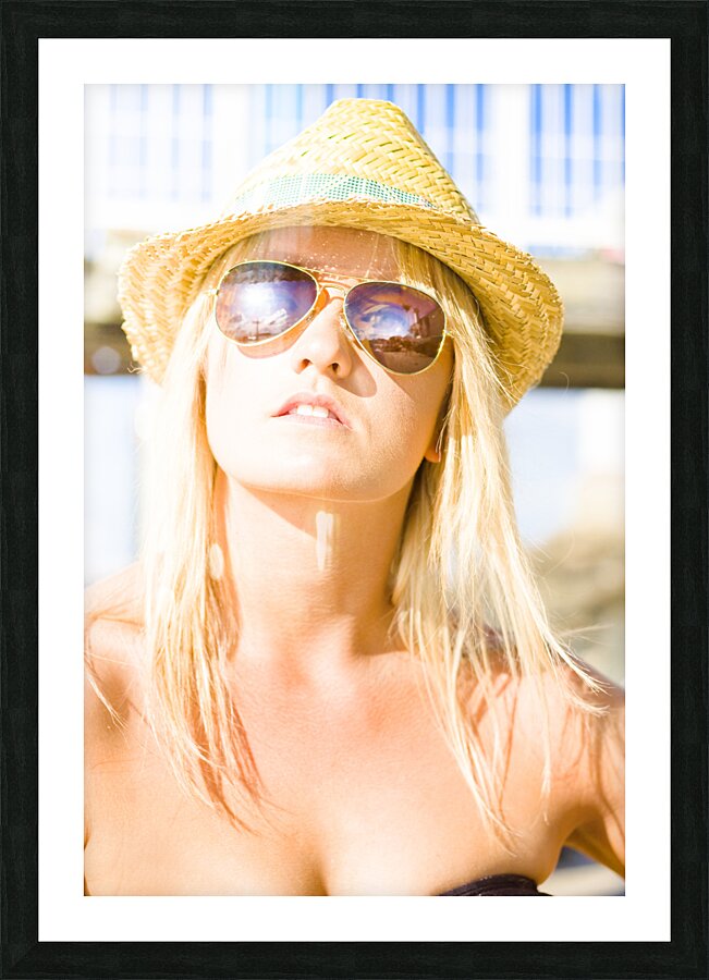 Face Of A Woman In Sunglasses On Holiday Picture Frame print