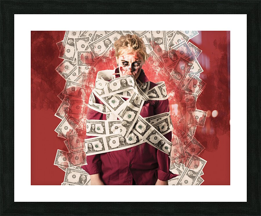 Zombie tied up in financial debt. Dead money Picture Frame print