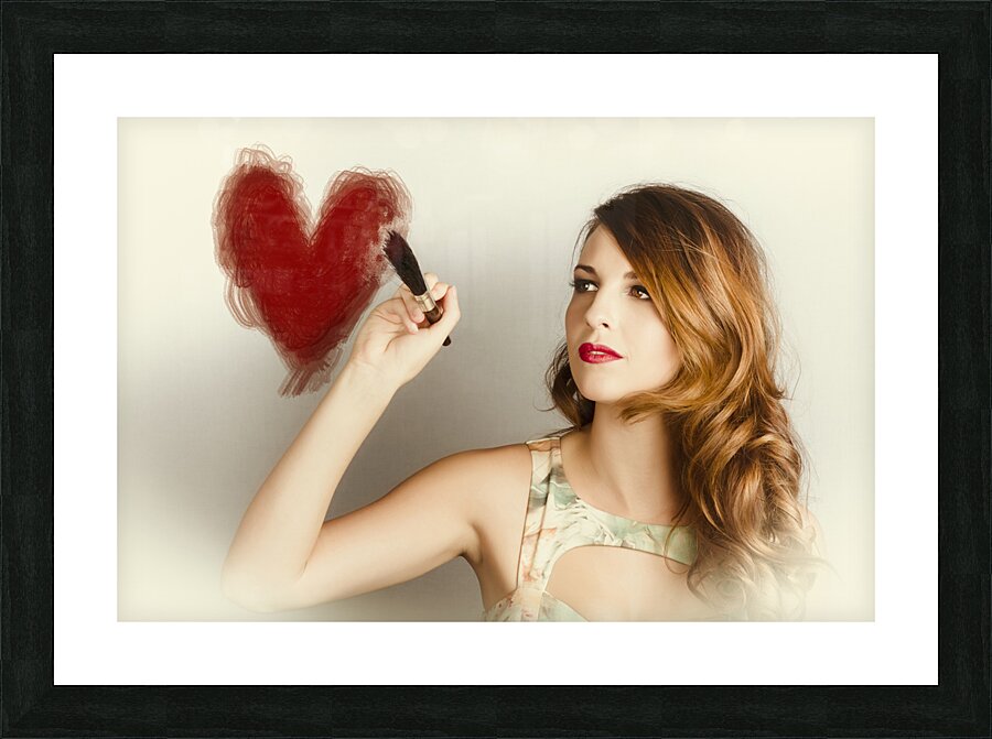 Beautiful retro girl painting red love heart Picture Frame print