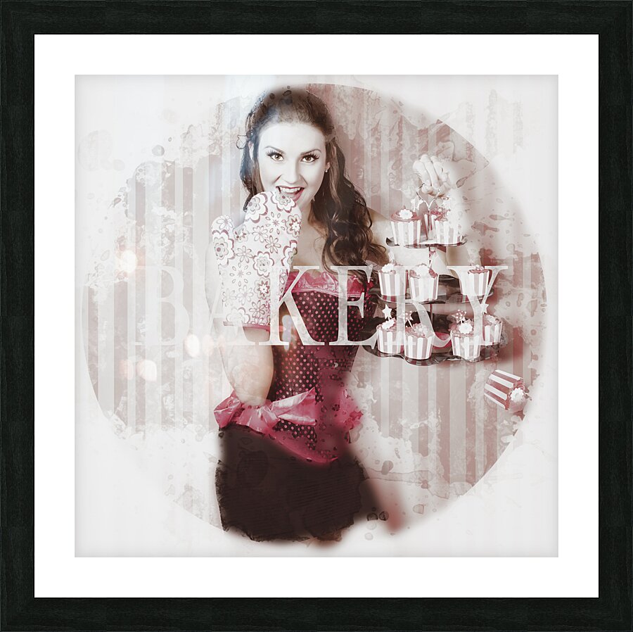 Pinup girl cooking up surprise treat in bakery Picture Frame print