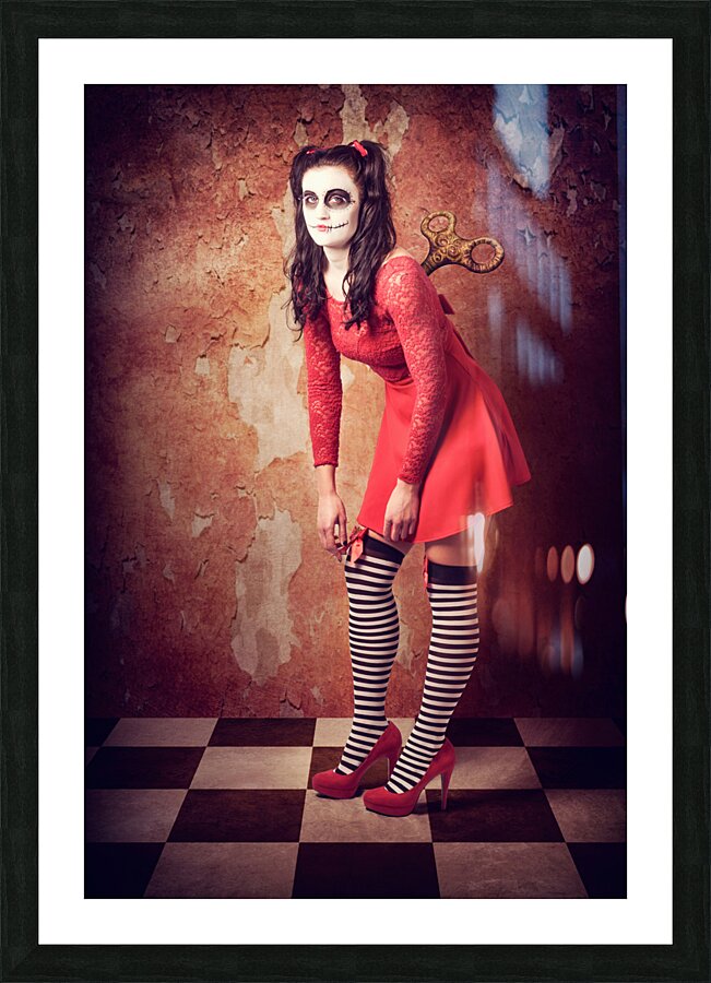 Tired human wind-up doll with sugar skull make up Picture Frame print