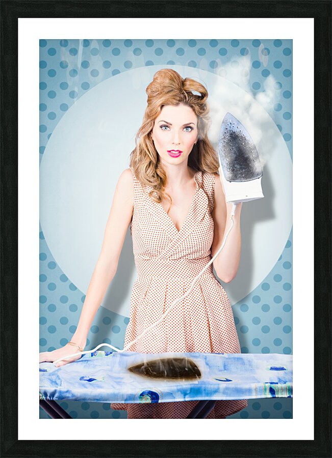Surprised housewife with BURNT OUT ironing board Picture Frame print