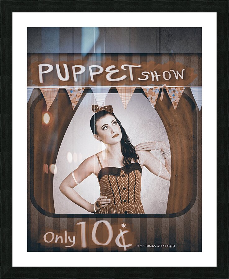 Vintage pinup girl inside a puppet show booth Picture Frame print