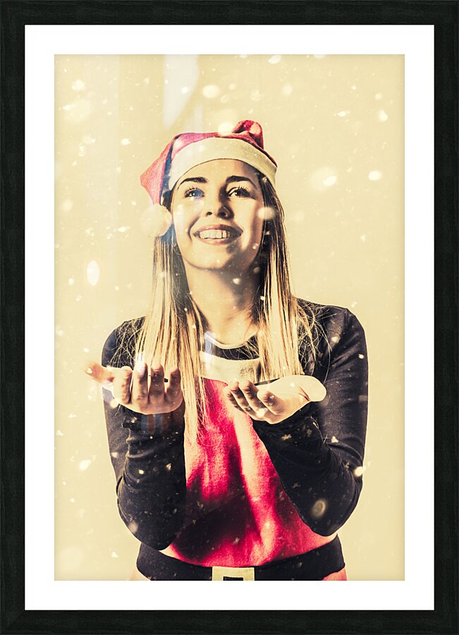  Vintage girl celebrating a white Christmas Picture Frame print