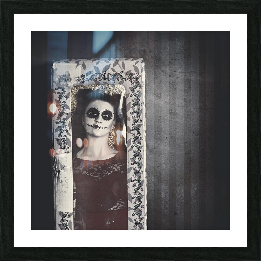 Possessed sugar skull doll inside vintage toy box Picture Frame print