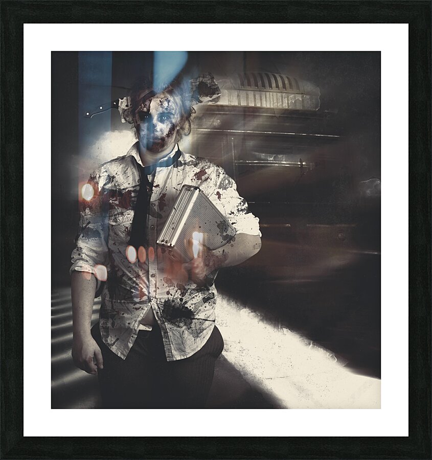 Dead zombie business woman catching ghost train Picture Frame print