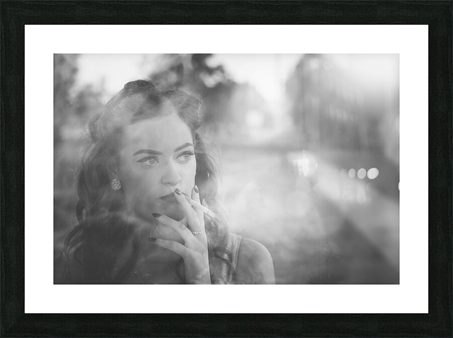 Film noir lady smoking cigarette on vintage street Picture Frame print