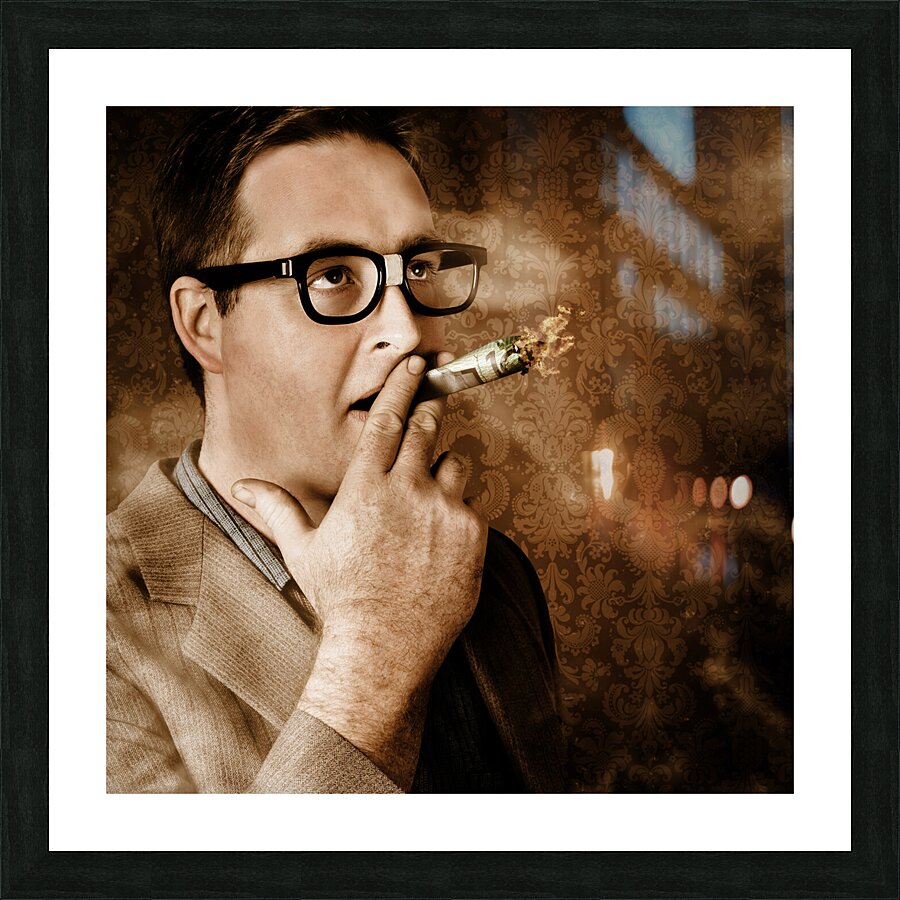 Vintage business man smoking money in success Picture Frame print