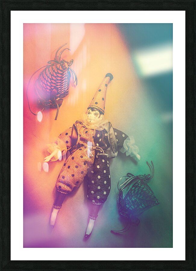 Play act of a puppet clown performing a sad mime Picture Frame print