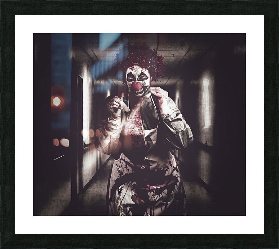 Creepy medical clown in grunge hospital hallway Picture Frame print