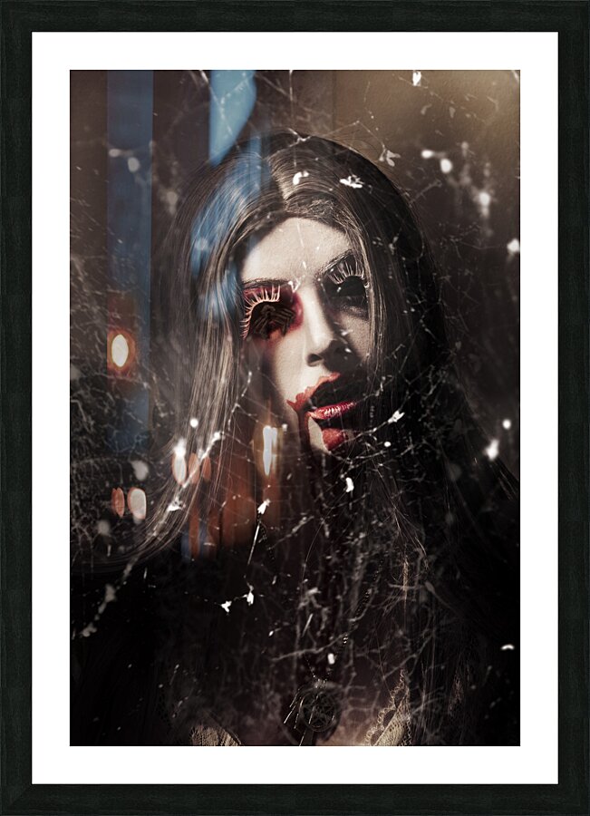 Female face of dark horror. Eye of the black widow Picture Frame print