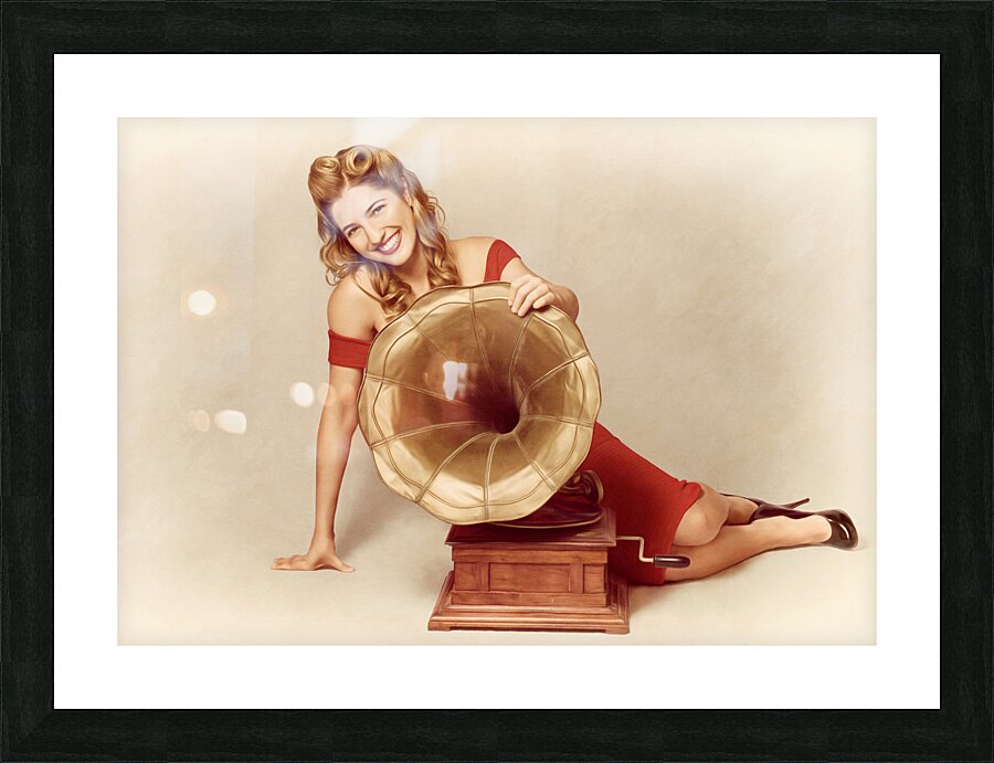 60s pin up girl with vintage record phonograph Picture Frame print