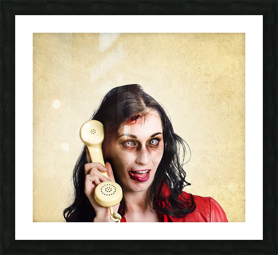 Funny zombie employee with dead phone line Picture Frame print