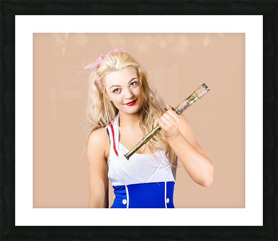 Sightseeing voyage pin-up girl with telescope Picture Frame print