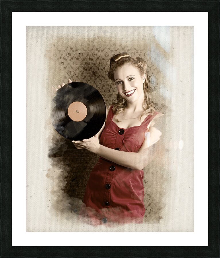 Pin-Up Rockabilly Woman Holding Vinyl Record LP Picture Frame print