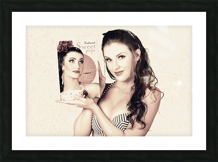 Vintage pop art advert girl with breakfast product Picture Frame print