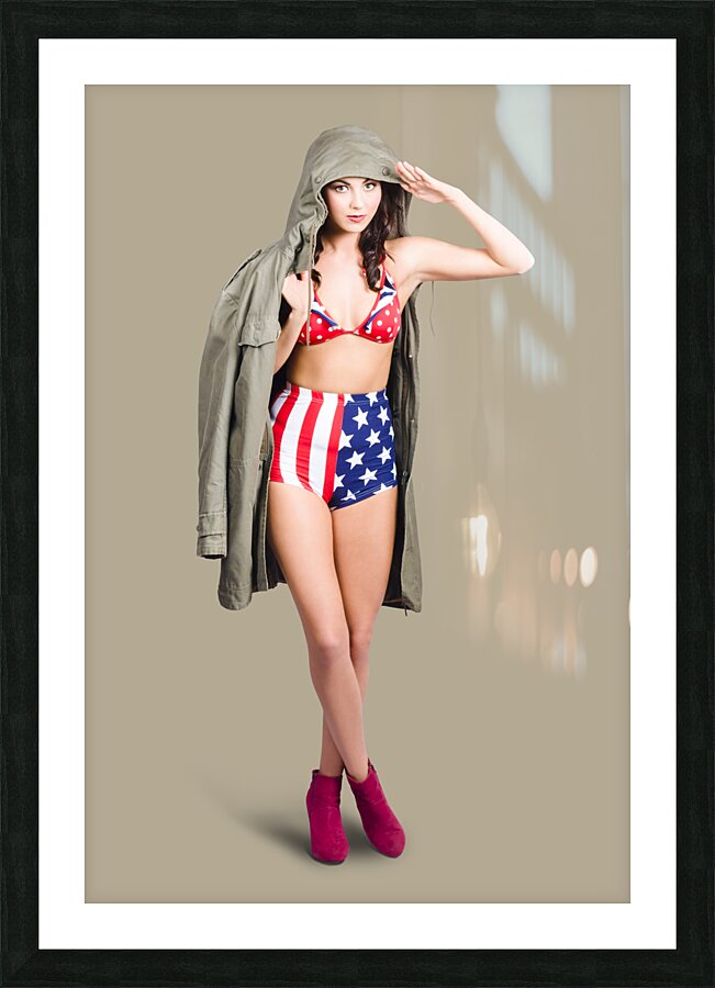 American army pinup girl. Stars and stripes salute Picture Frame print